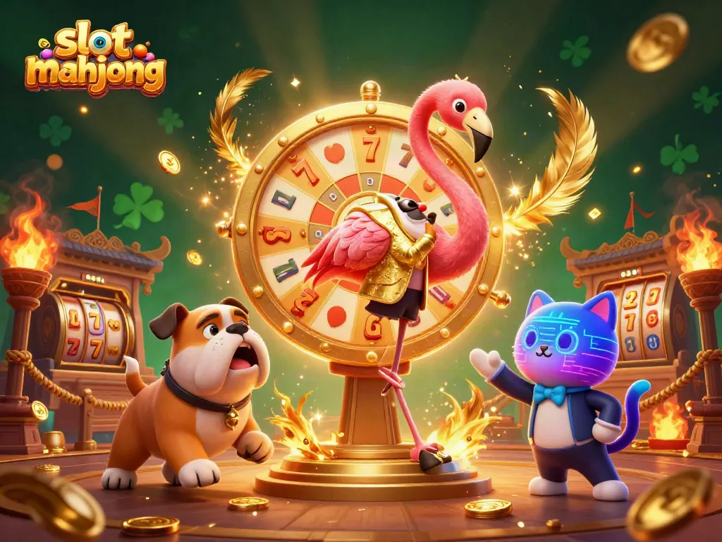 Tampilkan kemenangan dalam slot mahjong dengan karakter kartun dalam suasana kasino yang meriah.