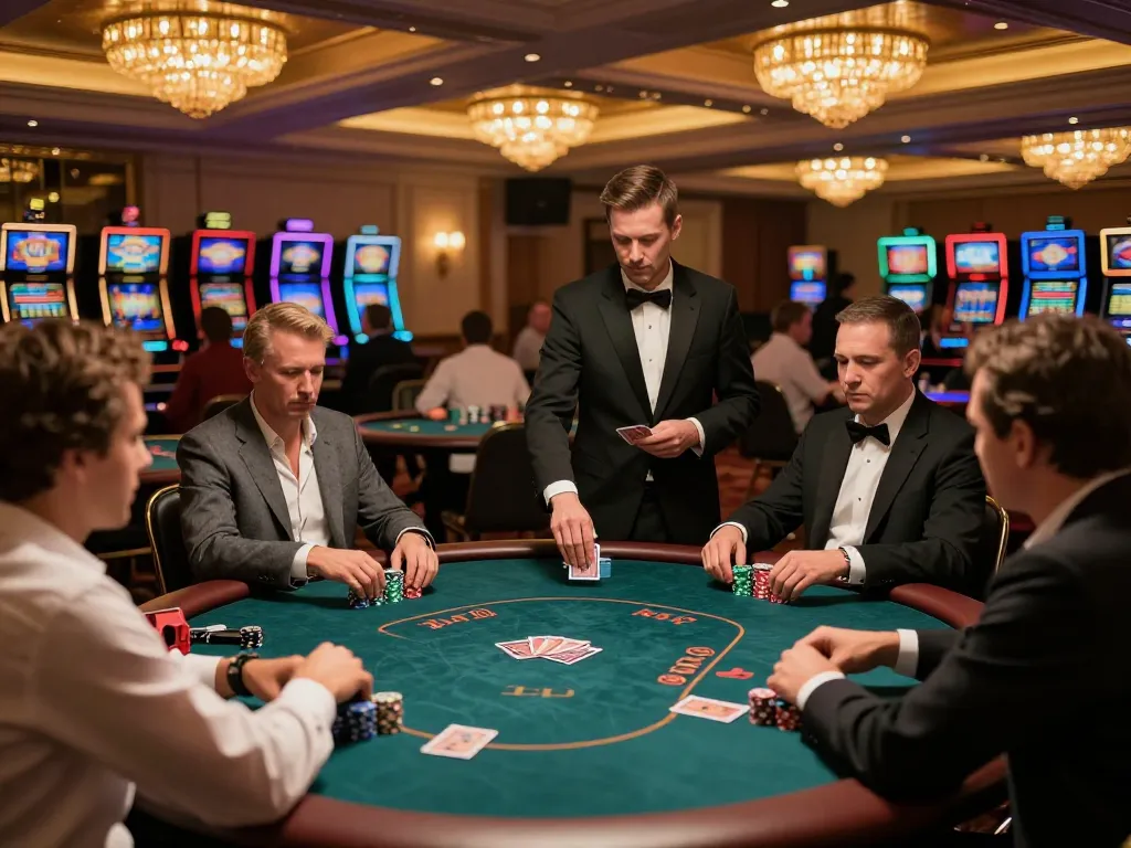 Players enjoying high-stakes poker at LC88 casino, chips and cards in action during a vibrant evening.