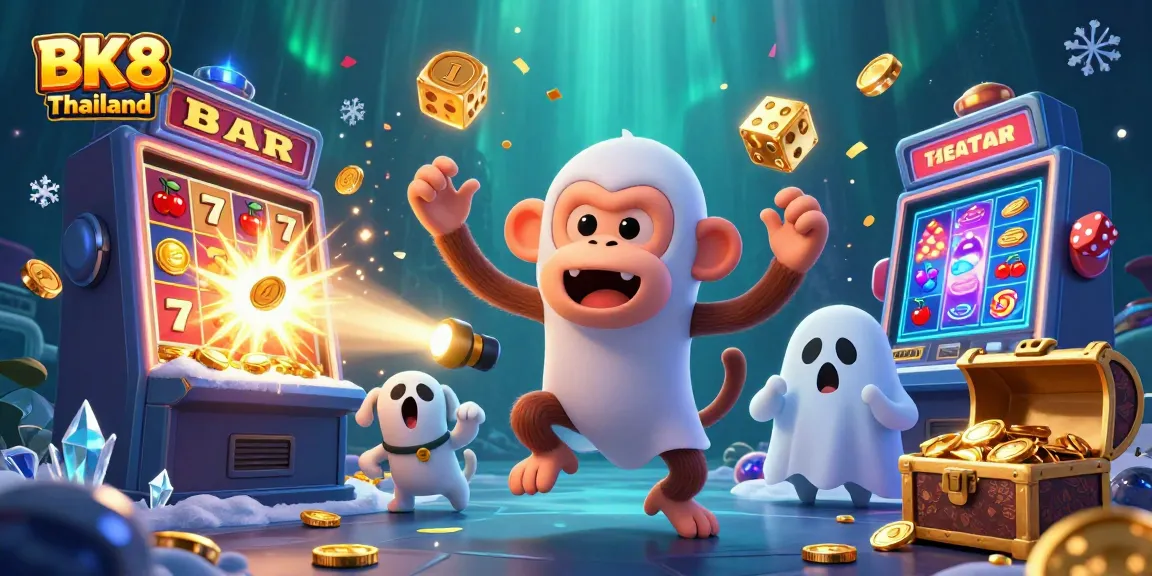 Experience thrilling gaming excitement at BK8 Thailand with an animated poltergeist monkey juggling golden casino treasures.