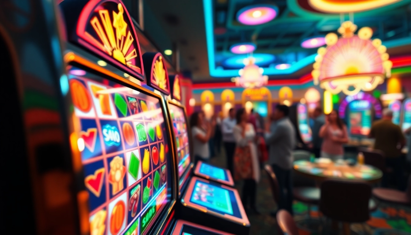 Slot gacor menunjukkan mesin slot modern dengan simbol kemenangan yang cerah dan pengunjung yang bersemangat.