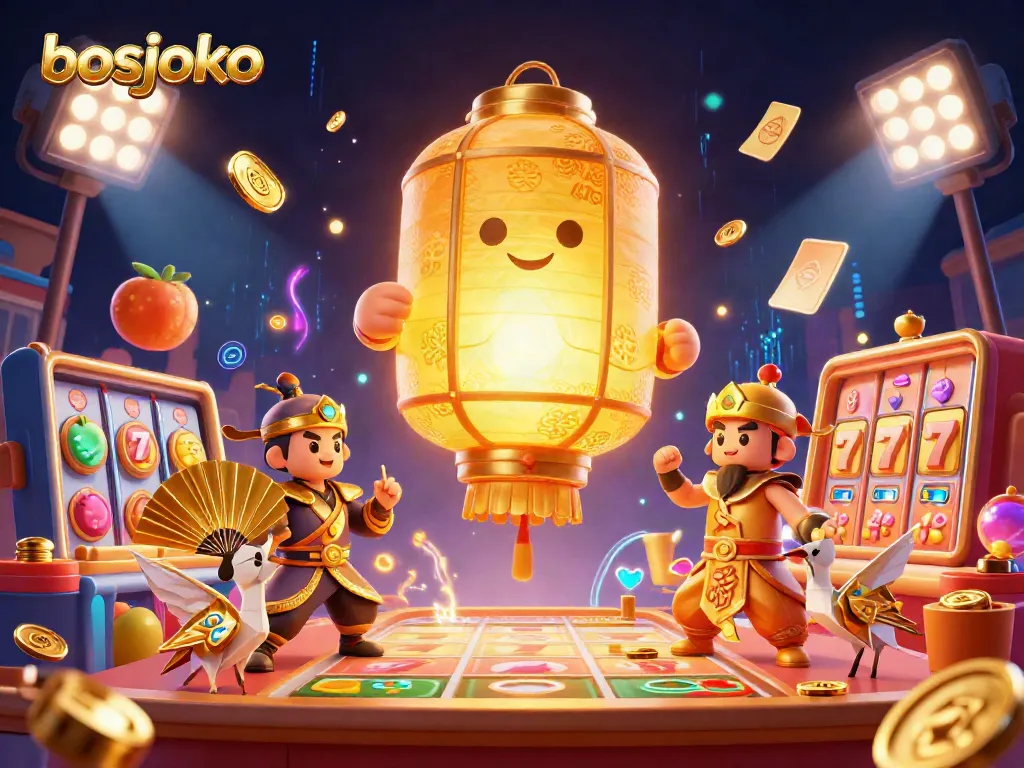 Experience bosjoko's vibrant slots surrounded by glowing golden symbols and characters in a dynamic casino scene.