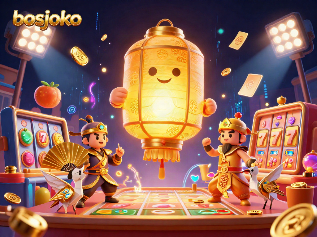 Experience bosjoko's vibrant slots surrounded by glowing golden symbols and characters in a dynamic casino scene.
