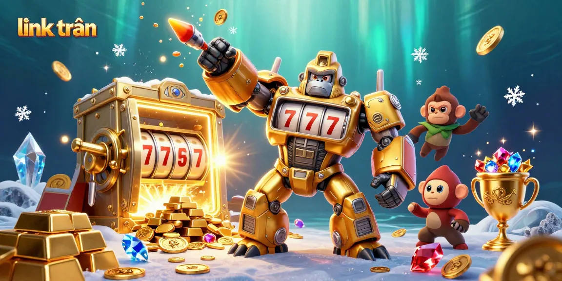 Spin the reels with link trần in this vibrant 3D casino scene filled with treasures.