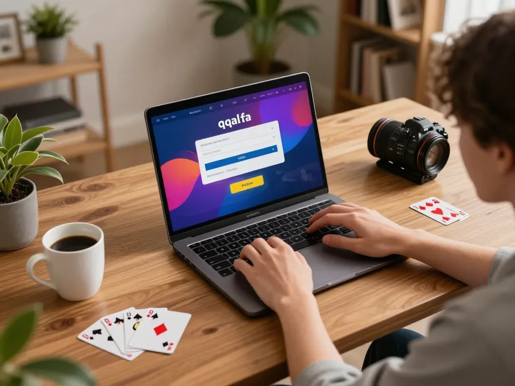 Engaging in online gaming with qqalfa login on the laptop screen in a cozy setup, showcasing responsible gambling.