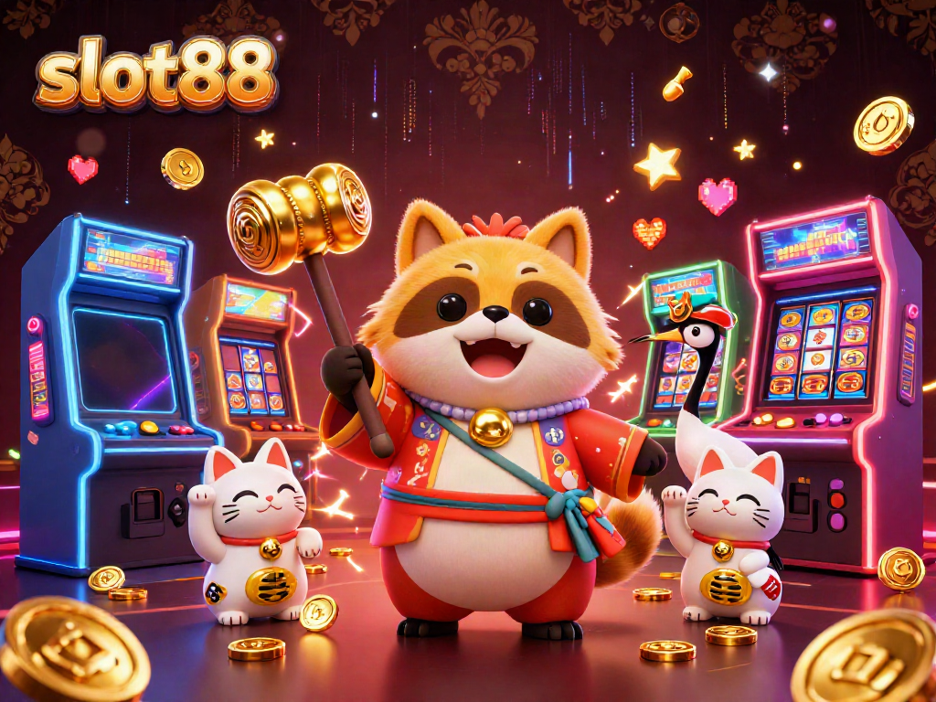 Slot88 menawarkan pengalaman menang dengan slot gacor dan karakter ceria di latar belakang.