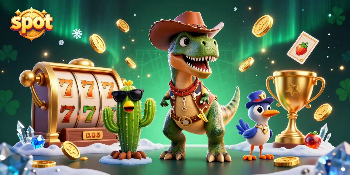 Spin the reels with colorful slot elements featuring a cowboy dinosaur, cactus, and roadrunner in a thrilling casino scene.