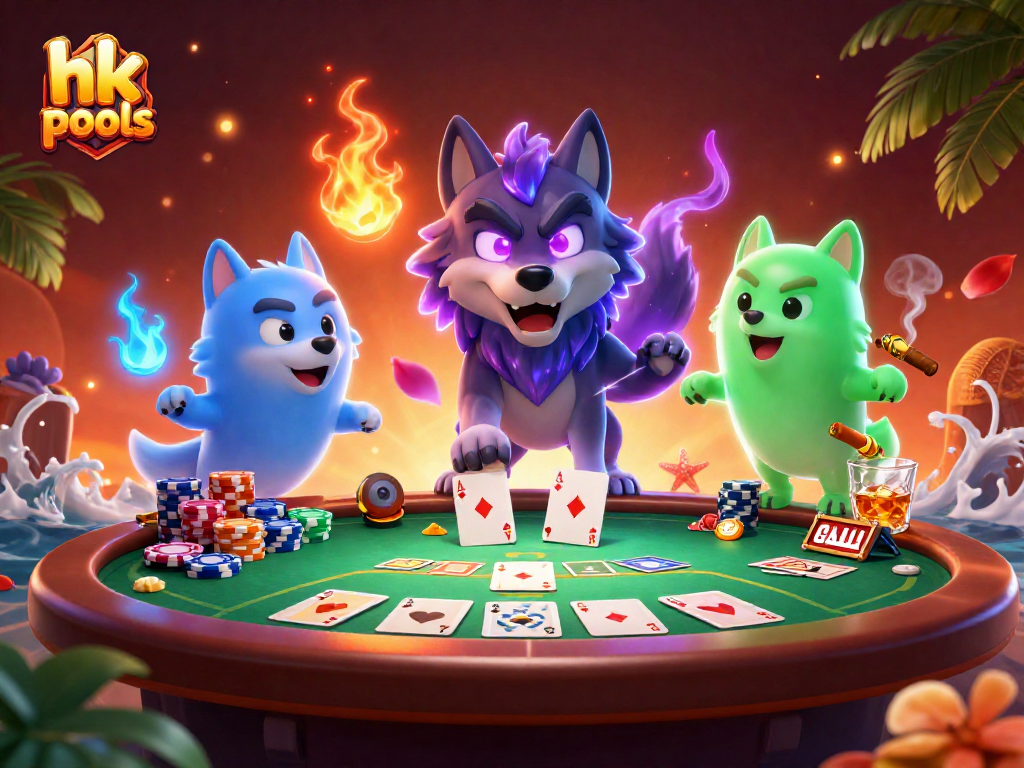 Permainan hk pools menampilkan serigala misterius dengan poker dan chip kasino yang penuh warna.