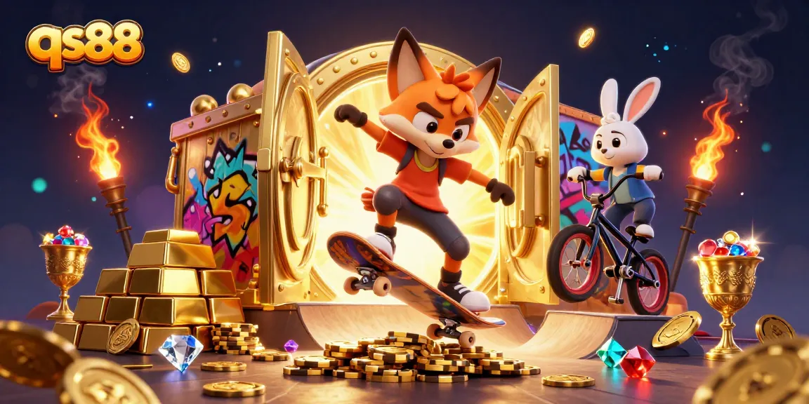 Experience qs88 thrills with a vibrant 3D casino scene featuring exciting characters and golden treasures.