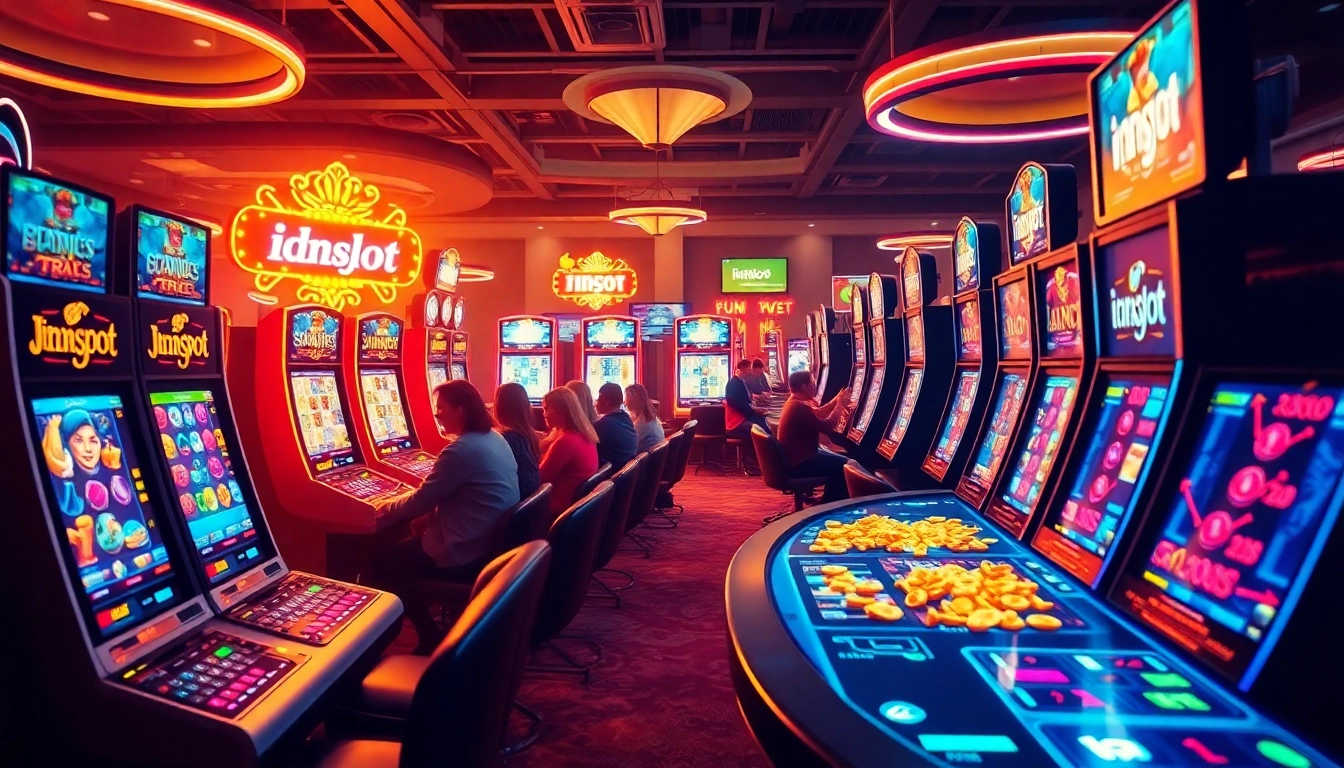 Experience the thrilling idnslot gaming interface with colorful slot machines and excited players.