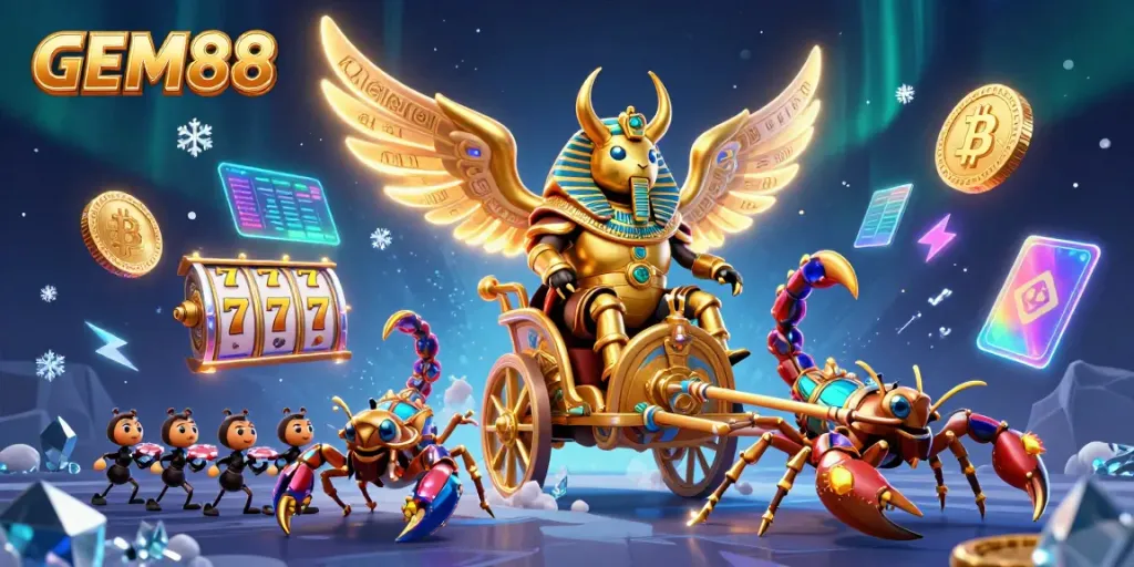 Experience thrilling gaming action at GEM88 with vibrant 3D casino visuals and dynamic elements of slot games.