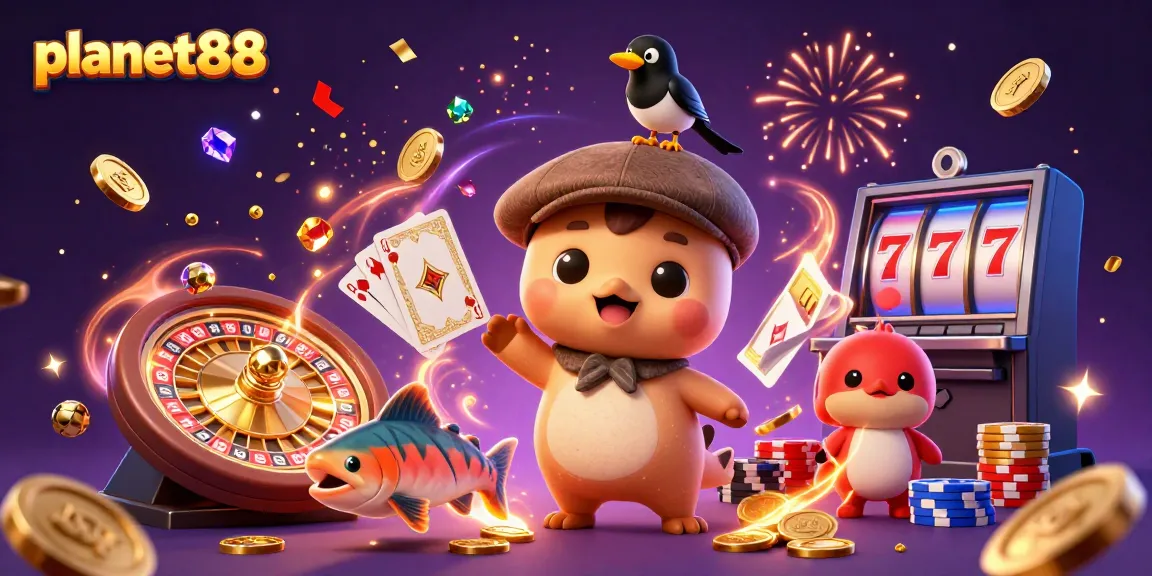 Experience the excitement of planet88 with baby Nessie and friends surrounded by casino elements.