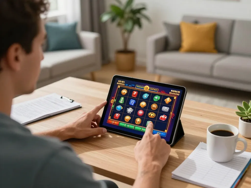 Engaging in SIS4D slot game on tablet in a cozy home office with colorful decor