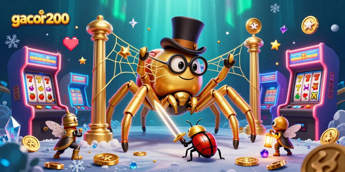 Gacor200 menampilkan tarantula emas bertop hat menjalin jaring sambil dikelilingi simbol slot di kasino.
