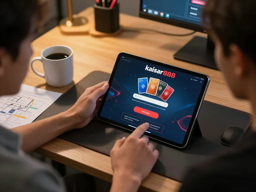 Engaging kaisar888 login screen on tablet during strategic online gaming session at home