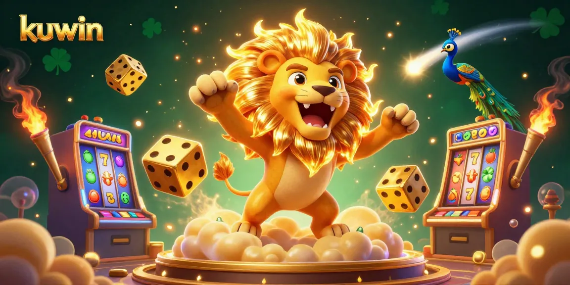 Kuwin casino-themed illustration featuring a roaring lion, golden dice, and vibrant slot machines with exciting energy.