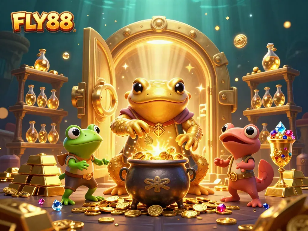 Engage with FLY88's vibrant casino scene of a golden salamander alchemist crafting treasures.