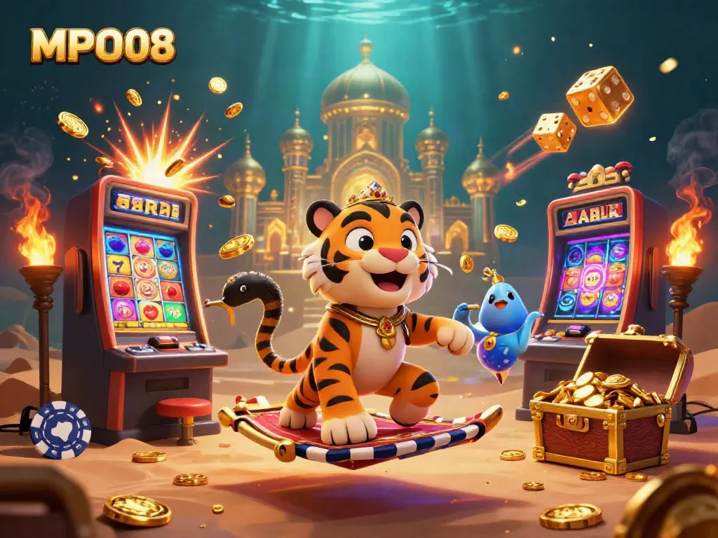 Engage with MPO08's vibrant casino world featuring a sultan and genie surrounded by jackpot elements.