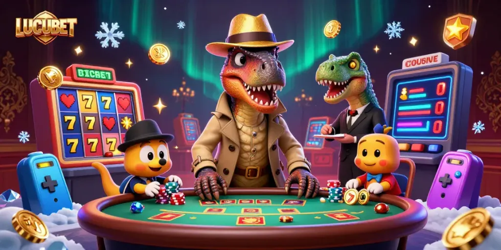 LUCUBET features a vibrant 3D slot scene with cartoon velociraptors, jackpot reels, and neon game elements.