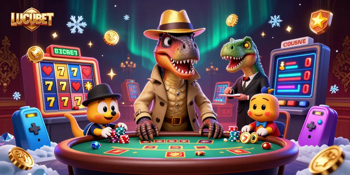 LUCUBET features a vibrant 3D slot scene with cartoon velociraptors, jackpot reels, and neon game elements.