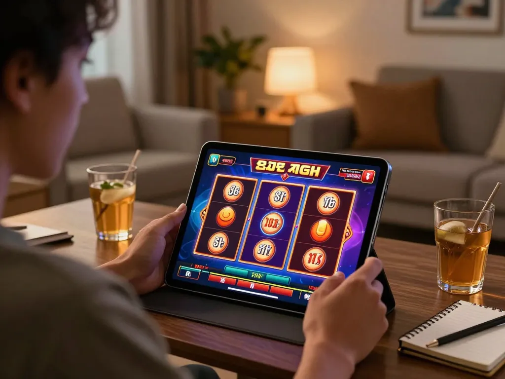 Engaging in SATRIA123 slot games on a tablet in a stylish home setup, showcasing responsible gaming.