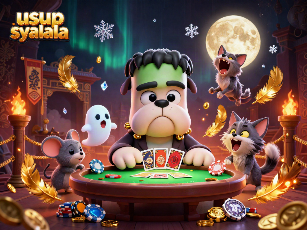 Gambarkan keseruan di dunia usup syalala saat anjing Frankenstein mendistribusikan kartu pada meja hijau berkabut.