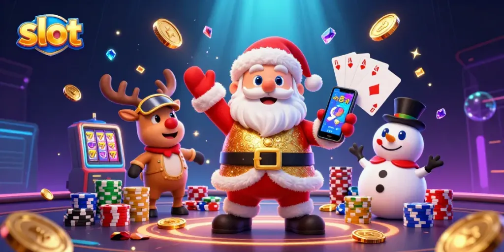 Putaran slot menguntungkan dengan Santa Claus dan teman-temannya di latar belakang kasino.