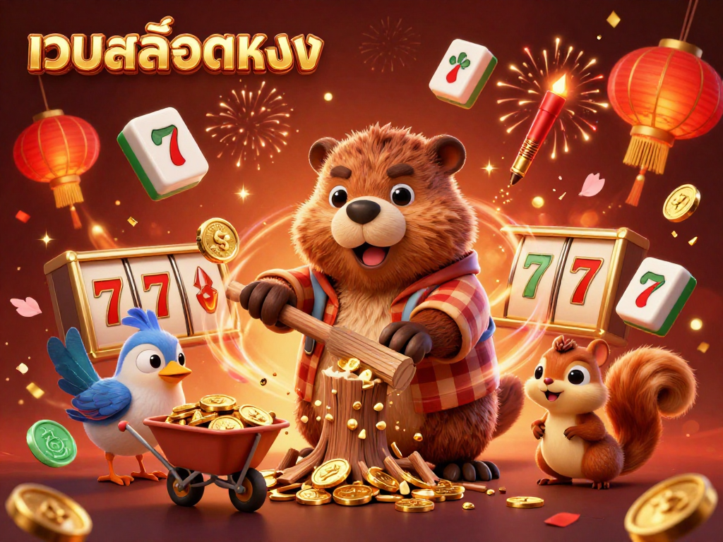 Experience exciting wins with เว็บสล็อตตรง as a 3D cartoon beaver chops a tree raining gold coins.