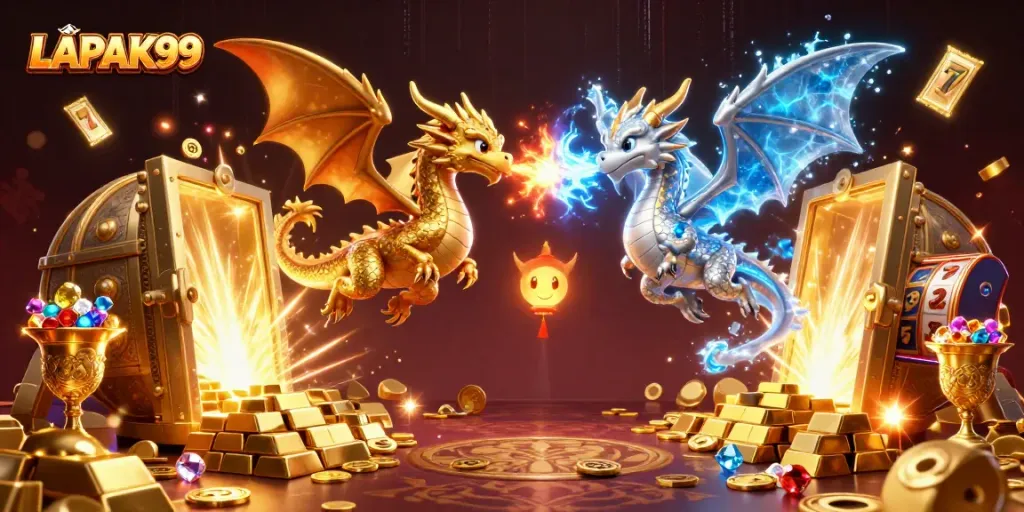 LAPAK99 showcases a dynamic gaming scene with dragons and treasures from online gambling.