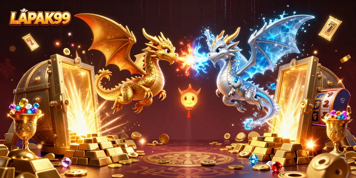 LAPAK99 showcases a dynamic gaming scene with dragons and treasures from online gambling.