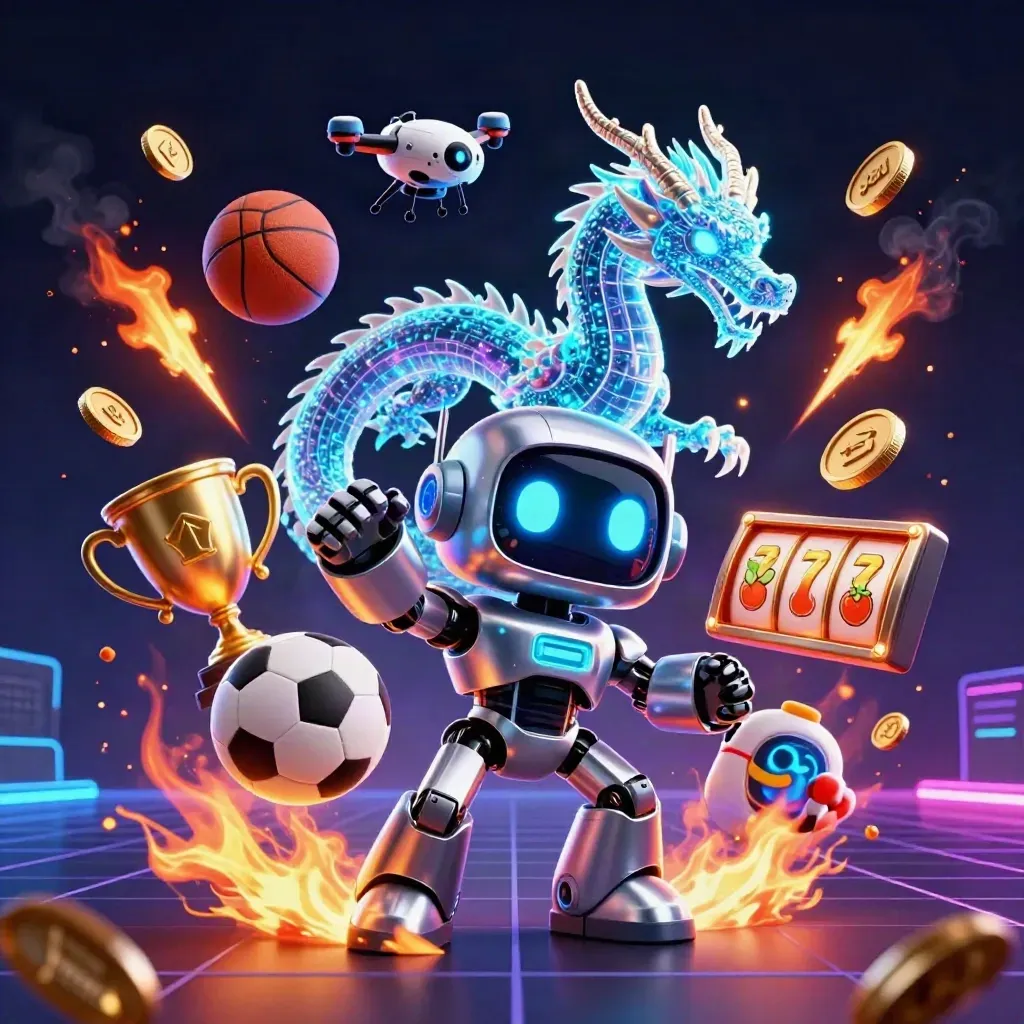 Robot cyberpunk, naga holografik, dan drone di arena kasino neon penuh cahaya