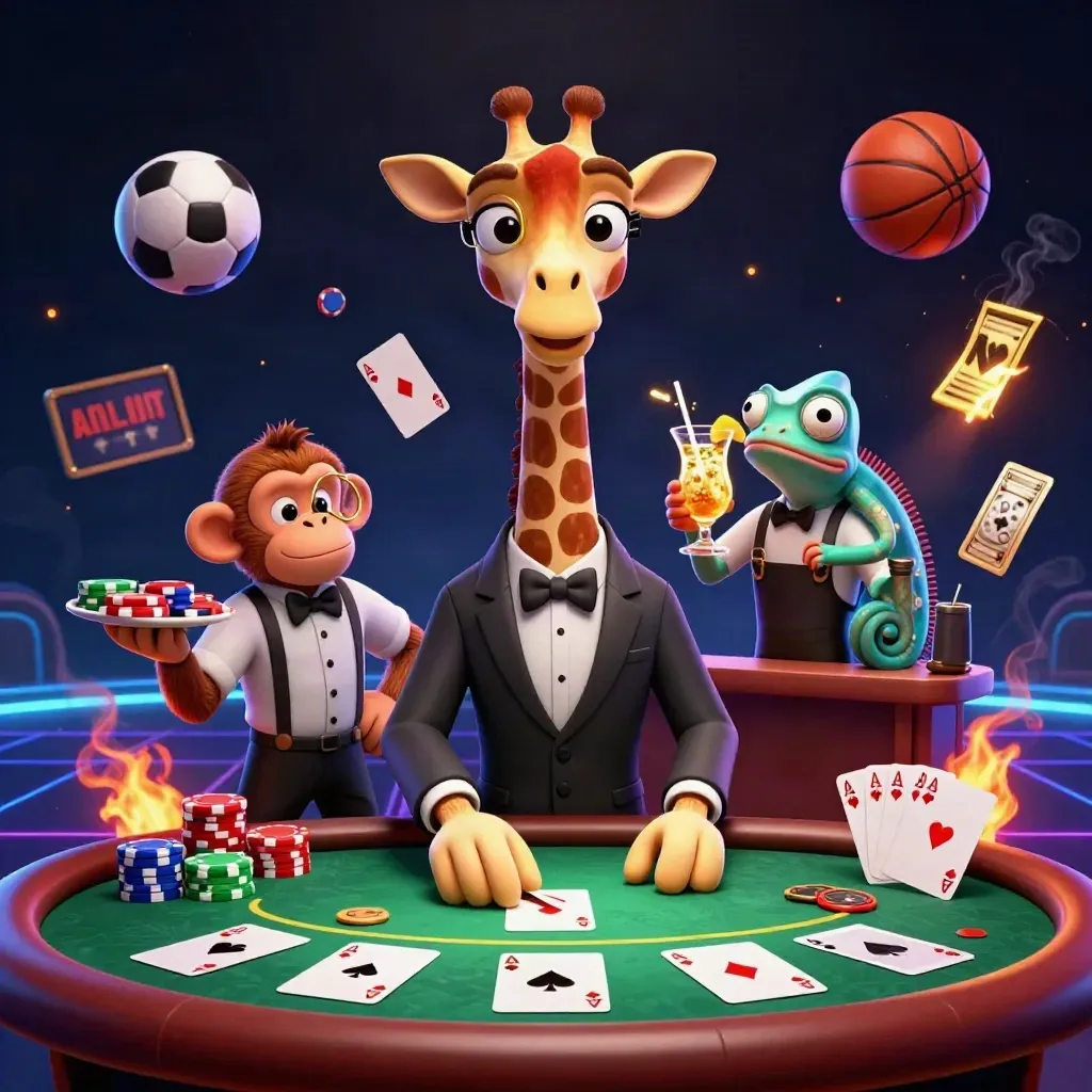 Jerapah, monyet, dan bunglon kasino di meja poker dengan bola sepak dan basket melayang