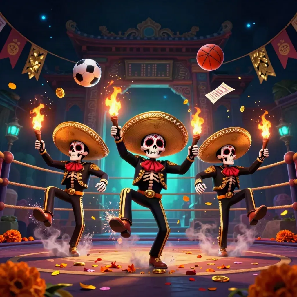 Tiga kerangka mariachi 3D di ring tinju neon, dengan bola, koin, dan cahaya magis.