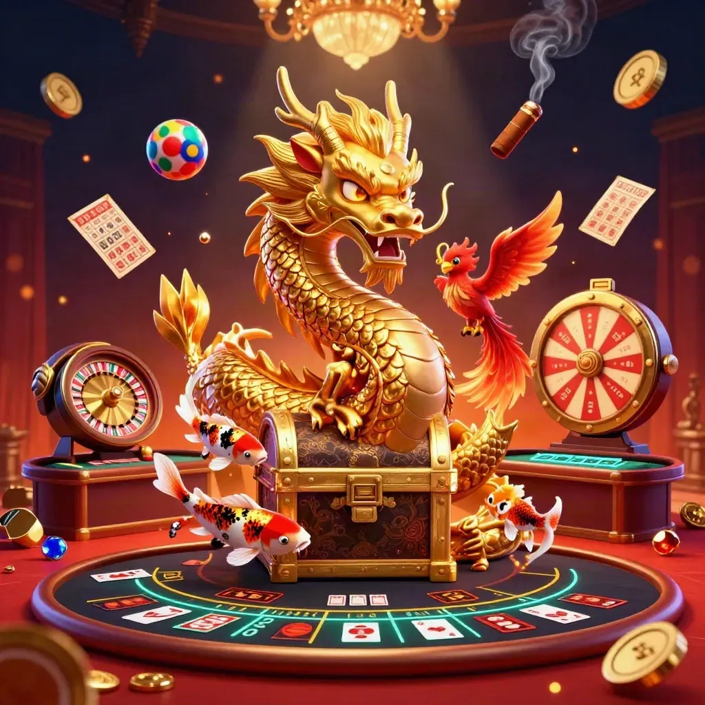 Naga emas 3D, phoenix, koi, dan elemen kasino mewah di latar merah gelap.