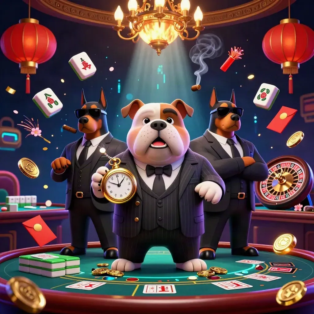 Bulldog bos mafia dan dua Doberman di kasino neon dengan mahjong, lentera, dan emas berkilau.