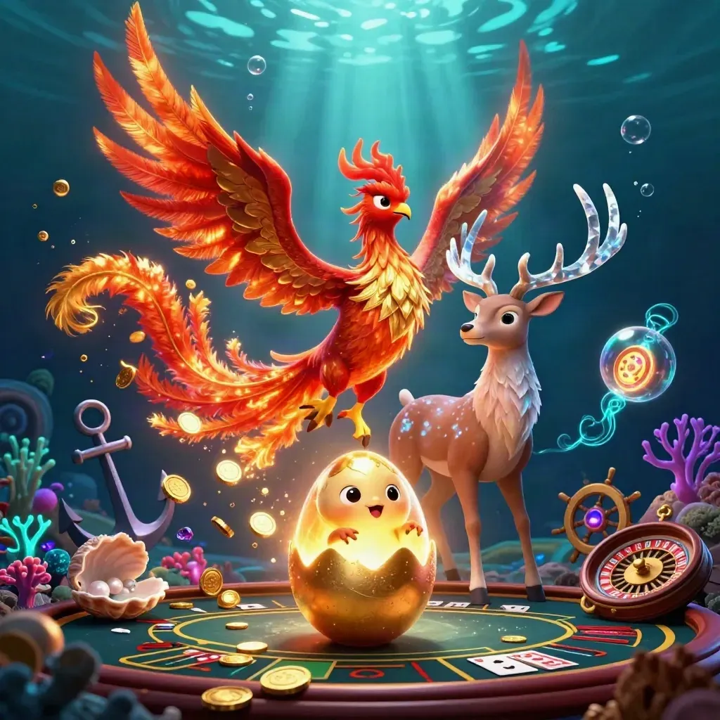 Phoenix, bayi phoenix, dan rusa kristal di harta karun bawah laut bergaya kasino neon.