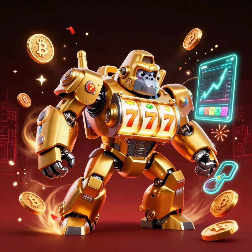 Gorila mech emas dan monyet pilot dikelilingi koin kripto, petir neon, dan kembang api