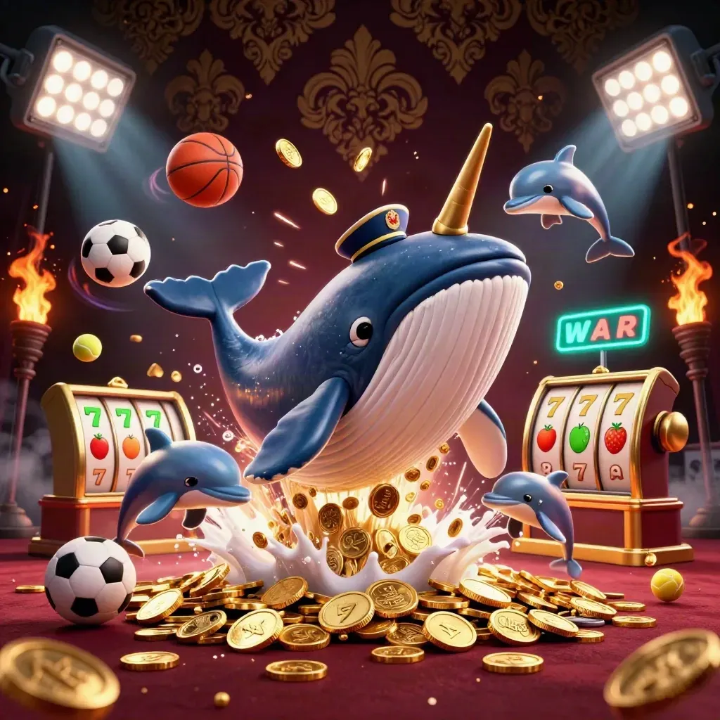 Paus kapten, narwhal, dan lumba-lumba di lautan koin emas dengan efek kasino neon.