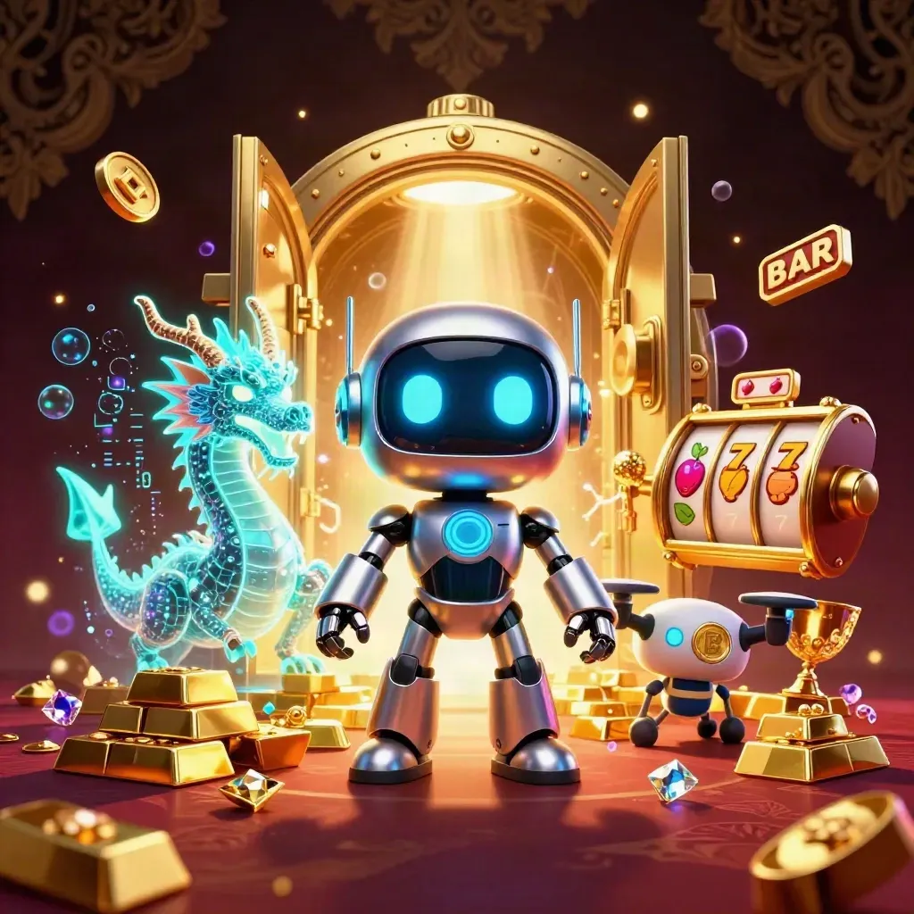 Robot cyberpunk, naga holografik, dan drone koin di depan pintu vault emas meledak cahaya.