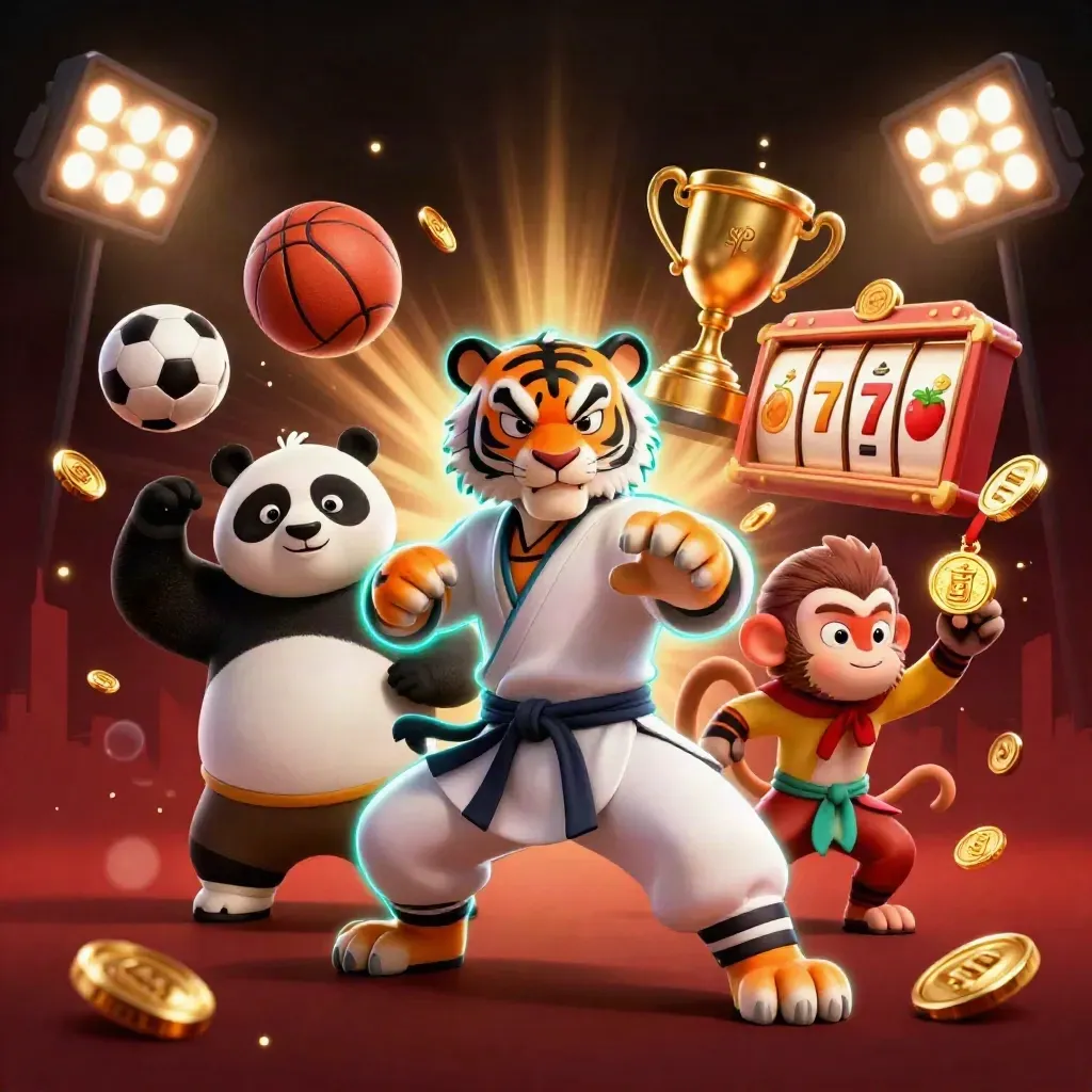 Harimau kung-fu, panda, dan monyet dikelilingi bola olahraga, koin, trofi, dan cahaya neon kasino.