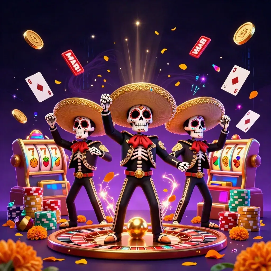 Tiga kerangka mariachi 3D dikelilingi koin emas, kartu, roda roulette, dan efek neon.