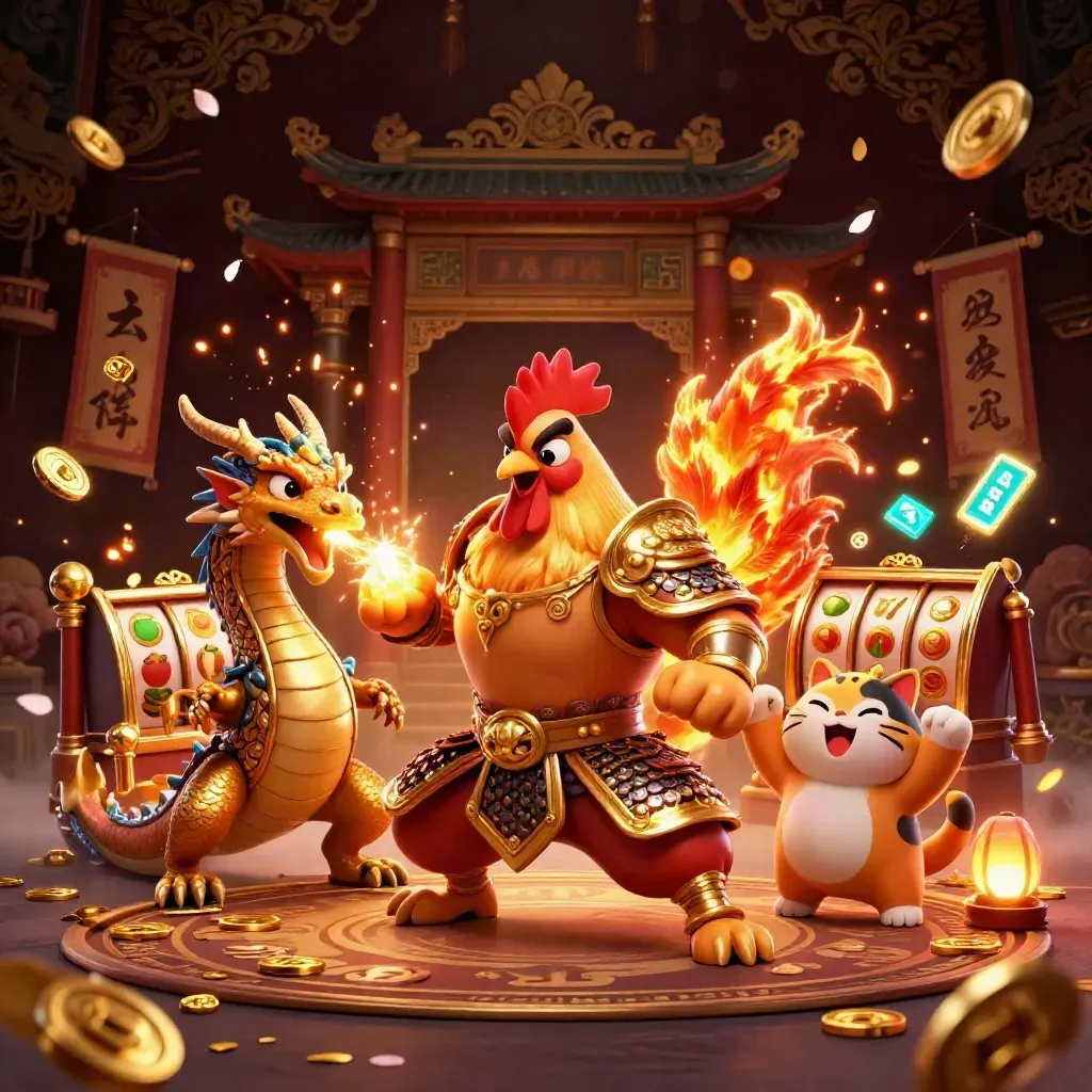 Ayam samurai emas, naga kecil, dan kucing keberuntungan di ring kasino neon.