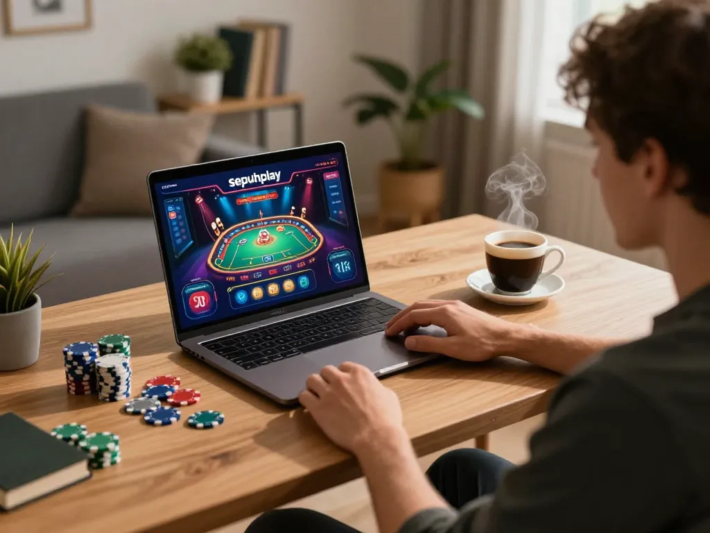 Menggunakan strategi permainan di Sepuhplay dengan chip dan antarmuka interaktif.