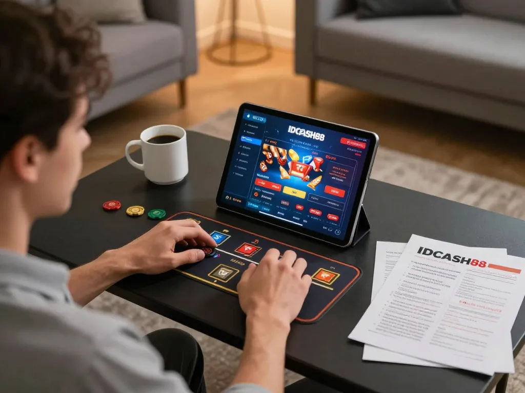 IDCASH88 player enjoying mobile casino gaming, highlighting engaging online experience with tablet interface.