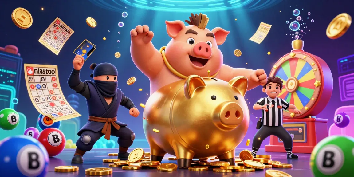 Engage with niastoto in this vibrant 3D casino scene featuring a golden piggy bank wrestler surrounded by colorful lottery elements.