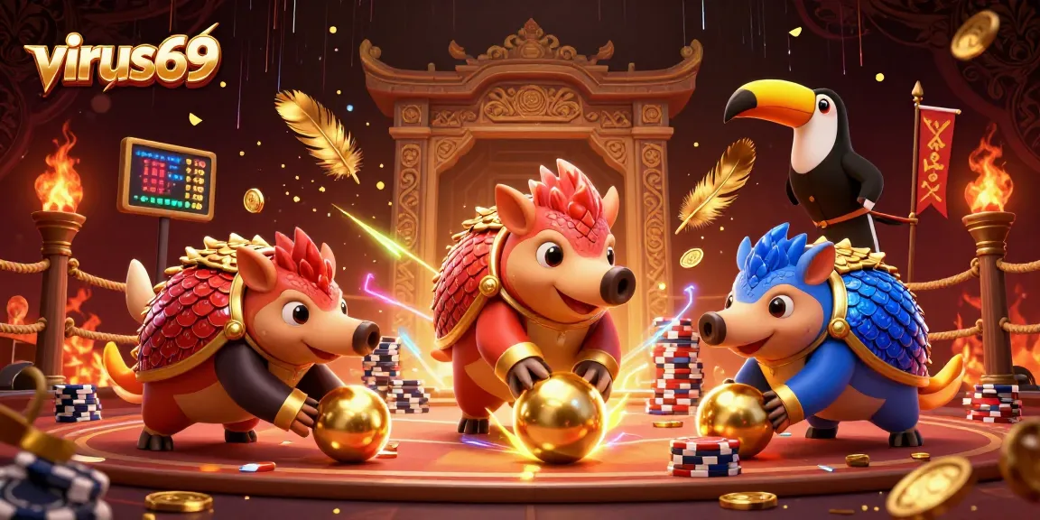 Engage with virus69 as rival pangolins bowl through poker chips in a vibrant casino scene