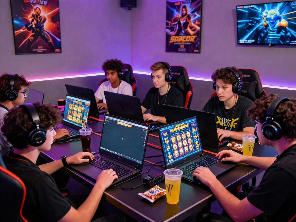 Excited players engaging in slot gacor games in a modern gaming room.