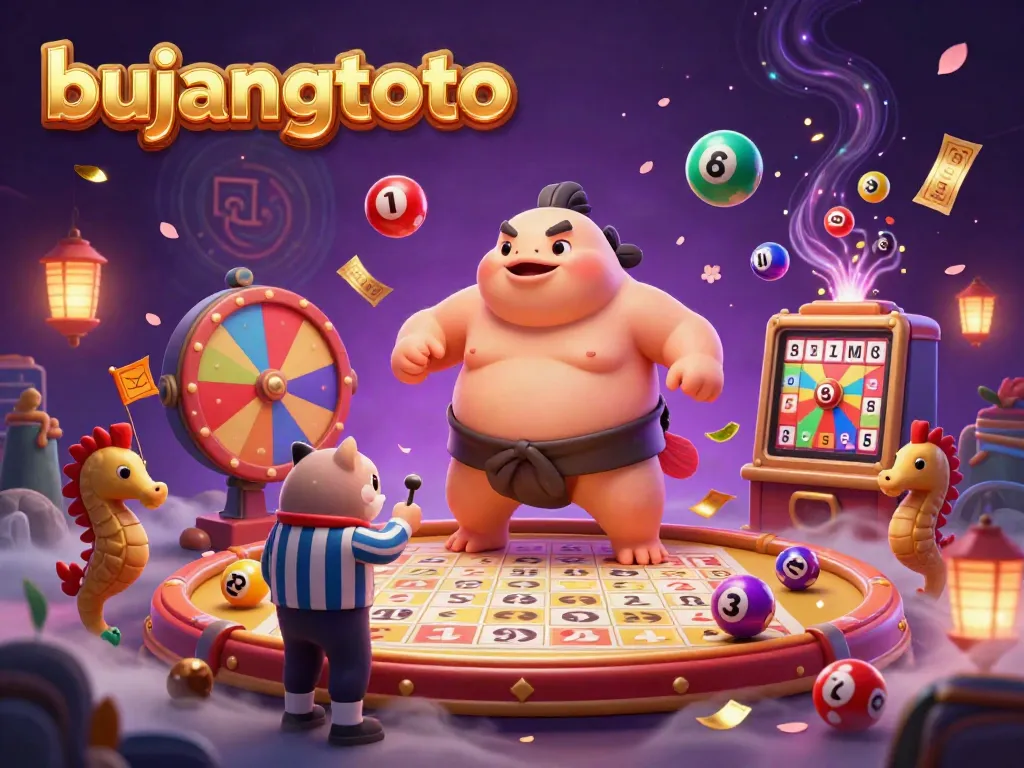 Bujangtoto gaming scene with a cartoon fugu and colorful lottery elements creating an energetic atmosphere.