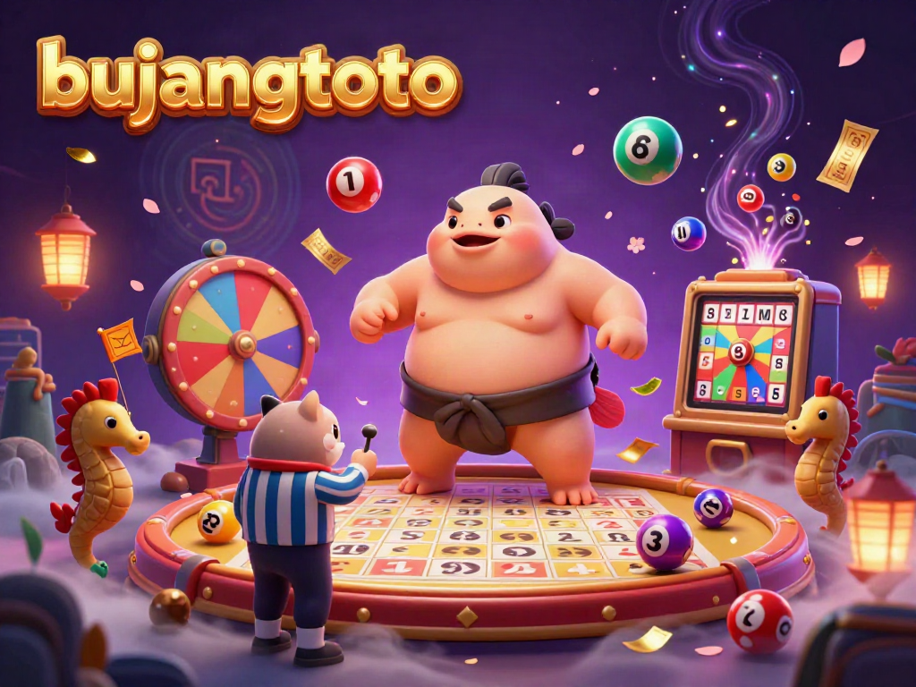 Bujangtoto gaming scene with a cartoon fugu and colorful lottery elements creating an energetic atmosphere.