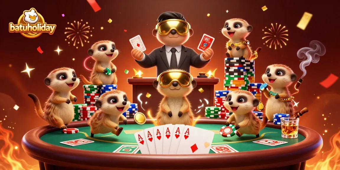 Engage with batuholiday's colorful casino scene featuring meerkats managing poker games and tower chips.