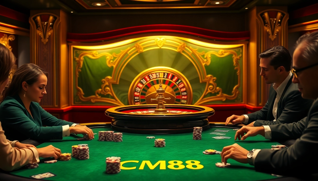 Experience the thrill of CM88 in a luxurious casino with vibrant poker games and roulette wheels.
